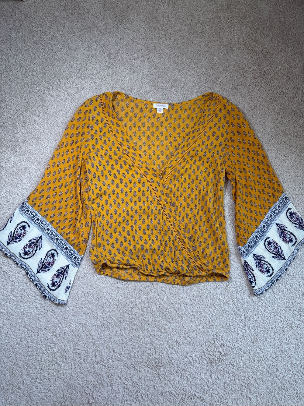 Boho Mustard Yellow Printed Wrap Bell-Sleeve Top